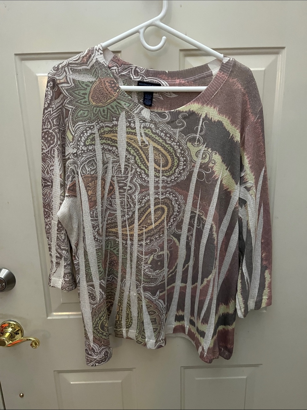 Westbound Paisley & Stripe Long Sleeve Top in Brown, Cream & Green